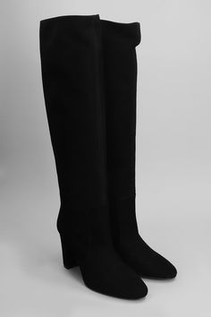 High heels boots in black suede, round toe, slip on, block heel, leather sole, heel 85mm, Made in Italy, 100% suede Wide Calf Suede Heeled Boots With Stacked Heel, Black Suede Heeled Boots With Suede Lining, Suede Block Heel Knee-high Boots For Work, Elegant Suede Platform Boots, Black Suede Wide Calf Heeled Boots, Suede Block Heel Boots For Work, Wide Calf Black Suede Heeled Boots, Suede Block Heel Evening Boots, Evening Suede Block Heel Boots