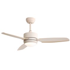 a white ceiling fan with a light on the top and two blades attached to it