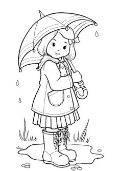 a girl with an umbrella stands in the rain coloring page for kids to print and color