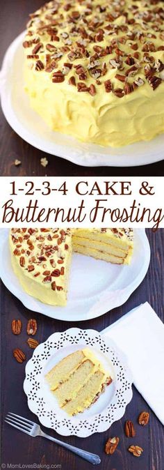 this cake is butternut frosting and has nuts on the top, along with pecans