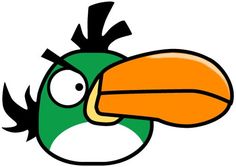 a green bird with an orange beak and large black eyes on it's face