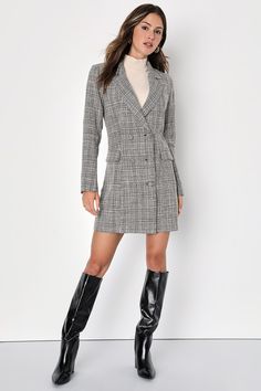 You'll own the office (or wherever you are!) in the Lulus Deluxe Desire Grey Tweed Long Sleeve Blazer Mini Dress! Chic woven wool-blend tweed shapes long sleeves with in-charge padded shoulders, and a collared bodice with stylish notched lapels. Dress has a unique, double-breasted design with functional buttons and front flap pockets. Skirt finishes with a flaring mini hem. Fit: This garment fits true to size. Length: Mid-thigh. Size medium measures 33.5" from shoulder to hem. Bust: Great for an Long Sleeve Tweed Jacket For Work, Office Tweed Dress With Houndstooth Pattern, Winter Workwear Tweed Jacket With Long Sleeves, Long Sleeve Wool Blazer Dress For Business, Long Sleeve Tweed Blazer For Work, Business Wool Blazer Dress With Long Sleeves, Tailored Long Sleeve Tweed Dress For Winter, Chic Tailored Long Sleeve Tweed Dress, Chic Long Sleeve Tailored Tweed Dress