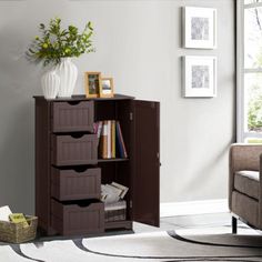 a living room with a book shelf and chair