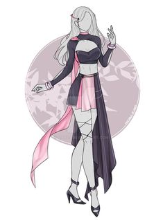 a drawing of a woman with long white hair wearing a black top and pink skirt