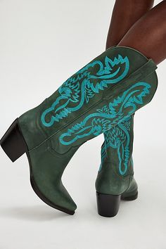 Stun in these so cool western-inspired boots from Jeffrey Campbell featuring classic embroidered details in a luxe leather design with a pointed toe and block heel. Pull-on styleCushioned insoleClassic rounded edgePull tabs on either side | Dagget Western Boots by Jeffrey Campbell at Free People in Green, Size: US 8 Green Cowgirl Boots, Upcoming Fashion Trends, Free People Store, Embroidered Details, Jeffrey Campbell, Leather Design, Boot Shop, Western Boots, Boho Outfits