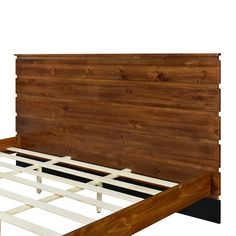 a wooden bed frame with white slats on top and bottom rails, against a white background