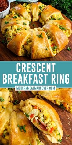 crescent bread filled with eggs and vegetables on a cutting board