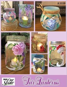 some jars with flowers and candles in them