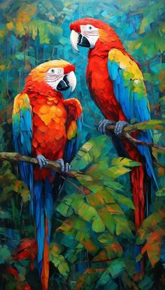 two colorful parrots are sitting on a branch in front of some leaves and trees