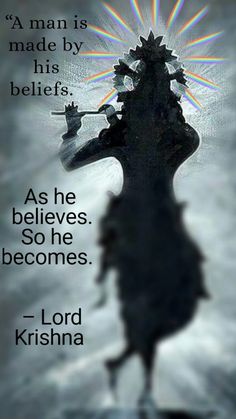 the silhouette of a person standing in front of a quote from lord krishna