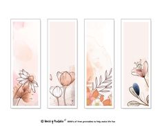 three vertical banners with watercolor flowers and leaves on the sides, one is pink