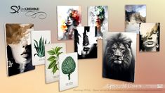 a group of pictures with animals and plants on them