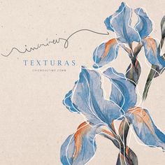 a painting of blue flowers with the words, fauxuras on it's side