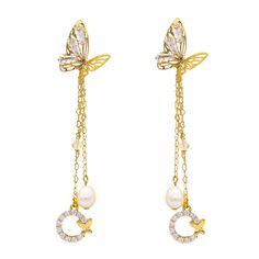 18K Gold Vermeil Posts Anti-tarnish, Anti-allergy. Functions Pearl The stone of wealth. Brings wealth, health, happiness, and good luck. Butterfly Earrings, The Stone, Gold Vermeil, Good Luck, 18k Gold, Gold Necklace, Drop Earrings, Stone, Health