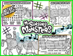 the missing monsters activity sheet is shown in green and white with black lettering on it