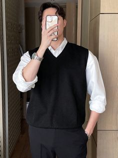 Black Casual Collar  Knitwear Plain  Embellished Slight Stretch  Men Clothing V Neck Vest Outfit Men, Outfit With Vest Men, Vest Styles For Men, Men’s Sweater Vest, Men’s Sweater Vest Outfit, Men Vest Outfits Casual Street Styles, Mens Sweater Vest Outfit, Vest Outfits Men Casual, Styling Sweater Vest