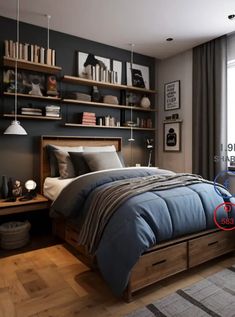 a bed room with a neatly made bed and shelves