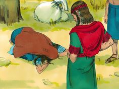 an illustration of two women in the woods, one kneeling down and another standing up