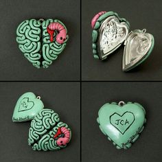 four different pictures of heart shaped brooches with words written on the inside of them