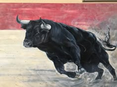 a painting of a bull running in the snow