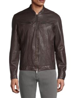 Find JOHN VARVATOS Band Collar Leather Jacket on Editorialist. Crafted of sheepskin leather, this John Varvatos leather jacket features a band collar and fastens with a center zipper. Band collar Long sleeves Zip-front closure Chest zip pockets Side slip pockets Banded hem & cuffs 100% sheepskin Dry clean Imported SIZE About 26'' from shoulder to hem. John Varvatos. Color: Chocolate. Size: XL. Flowers Market, Collar Leather Jacket, Racer Jacket, Sheepskin Jacket, Lambskin Leather Jacket, John Varvatos, Vintage Motorcycle