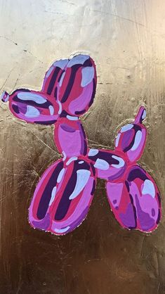 an abstract painting of pink and purple flowers on a gold background with metallic foil overlay