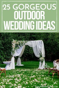 an outdoor wedding with white flowers and greenery on the grass, surrounded by wooden chairs