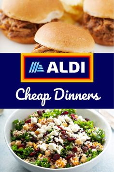 the ad for aldi's cheap dinner is shown with two burgers and salad