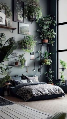 This stunning bedroom brings the beauty of nature indoors with lush greenery and dark, earthy tones. The vertical plant wall adds depth and a calming vibe, making this space a true sanctuary. Perfect for plant lovers looking to create a peaceful and refreshing retreat. Dark Home Decor, Maximalist Decor, Cozy Room Decor, Cozy Room, Dream House Decor, My New Room, Dream Home Design, 인테리어 디자인, House Inspiration