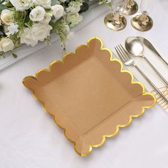 25 Pack | 9 Square Natural Brown Paper Dinner Plates With Gold Scalloped Rim, Party Plates 9 Square, Rim Design, Disposable Plates, Paper Color, Paper Material, Dinner Salads, Wedding Receptions, Square Paper, Plastic Plates