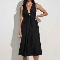 Lightweight, Non-Stretch Poplin, Deep V Neck, Ruched Waistband With Self-Ties. Hook-And-Eye And Hidden Zip At Side. 100% Cotton. Never Worn! Elegant Black Dress With Tie Fastening, Black Tie-strap Sundress Midi Dress, Elegant Black Midi Dress With Tie Straps, Black Summer Dress With Tie Fastening, Black Dress With Tie Straps For Vacation, Black Midi Dress With Tie Straps, Black Spring Dress With Tie Fastening, Black Dresses With Tie Fastening For Spring, Black Tie Fastening Dress For Spring