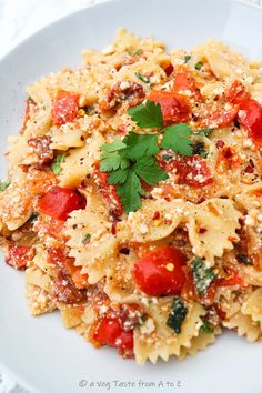 a white plate topped with pasta and tomatoes