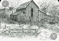 a drawing of an old barn in the snow