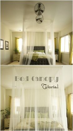 two pictures of a bed canopy with the words bed canopy in black and white above it