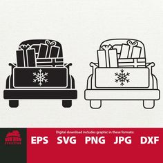 two black and white images with presents on the back of a car, one for christmas