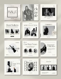 an assortment of black and white brochures with different images on them, all showing women's clothing