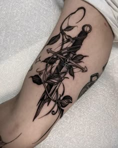 Dagger Tattoo Gothic Dagger Tattoo, Dark Patchwork Tattoo, Tattoo Dark Gothic, Dagger Tattoo Ideas, Tattoo Over Scar, Inner Forearm Tattoo, Inner Arm Tattoo, Dark Botanical, Armband Tattoos