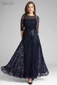 Teri Jon Black Lace Floor Length Evening Gown | Teri Jon – Terijon.com Navy Gown, Illusion Gown, Mother Of The Bride Dresses Long, Teri Jon, Tulle Evening Dress, Mother Of Groom Dresses, Mob Dresses, Bride Gowns, Bride Clothes