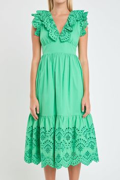 Green Ruffled Sundress Midi Dress, Spring Eyelet Midi Dress For Brunch, Green Daywear Dresses With Ruffles, Feminine Broderie Anglaise Midi Dress For Garden Party, Green Ruffled Dress For Daywear, Chic Eyelet Dress For Garden Party, Green Dress With Lace Trim For Garden Party, Garden Party Sundress With Broderie Anglaise, Summer Eyelet Dresses For Garden Party