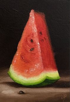 a painting of a slice of watermelon on a brown surface with black background