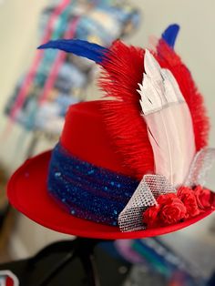 Patriotic inspired top hat with red, white and blue and a lot of sparkle American Style Red Hat For 4th Of July, Patriotic Red Hat For Memorial Day, Red Fedora Mini Hat For Party, Red Hat Ladies, Bluffton Sc, Uncle Sam, Red Hat, Costume Hats, Red Hats