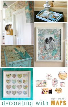 a collage of photos with maps and hearts