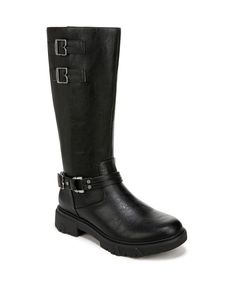 in stock Black Knee-high Boots With Lug Sole For Winter, Leather Knee-high Moto Boots With Lug Sole, High-top Moto Boots With Lug Sole And Medium Width, Leather Knee-high Boots With Lug Sole, Knee-high Synthetic Boots With Lug Sole, Head Start, Lug Sole, Black Faux Leather, High Boots