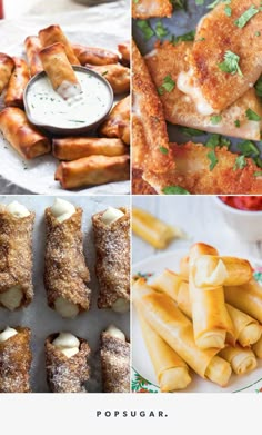 four different pictures with food on them including chicken, french fries and dipping sauces