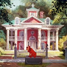 a painting of a dog in front of a red house with white pillars and columns