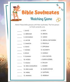 the bible scoundates matching game is shown in front of an image of palm trees