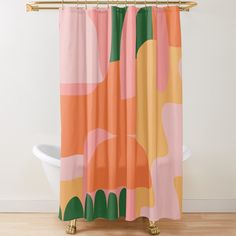 an abstract shower curtain with orange, pink and green colors on it's side