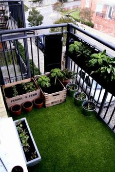 an apartment balcony with potted plants on the grass