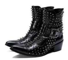 Men Punk Leather Cowboy Ankle Boots Rubber Metal Pointed Toe Buckle Rivets Shoes | eBay Punk Style Moto Boots With Round Toe For Party, Rocker Moto Boots With Rivets For Party, Edgy Moto Boots With Rivets For Party, Halloween Party Boots With Rivets, Punk Ankle-high Moto Boots For Concert, Alternative Style Moto Boots With Rivets For Party, Punk Style Moto Boots For Fall, Fall Punk Martin Boots For Alternative Fashion, Punk Closed Toe Boots For Concerts