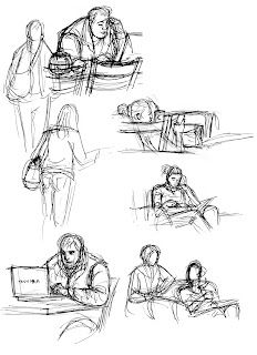 sketches of people sitting and standing around each other